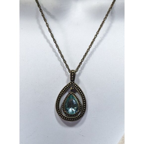 Whimsical Teardrop Blue Gemmed Gold Tone Pendant Necklace - Picture 3 of 7